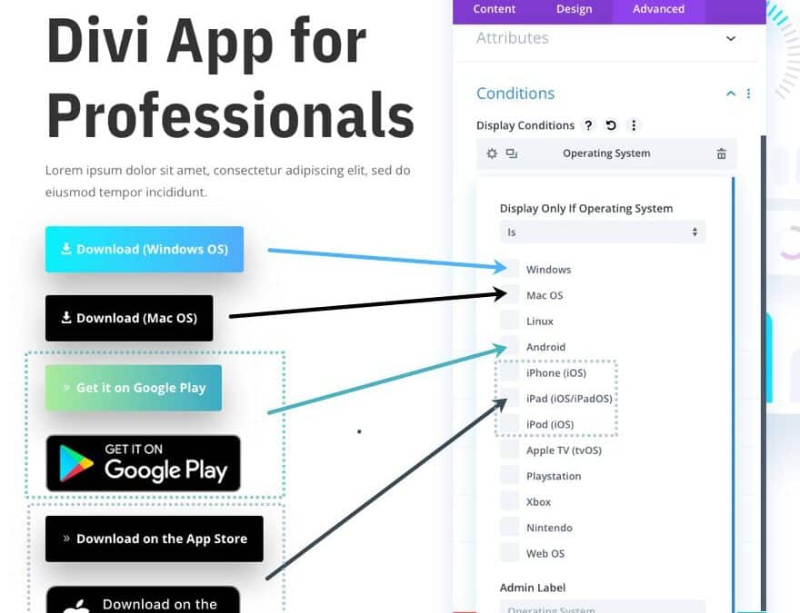 display download buttons for respective operating systems in divi