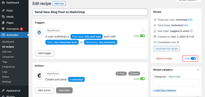 Switching the Uncanny Automator Recipe From Draft to Live