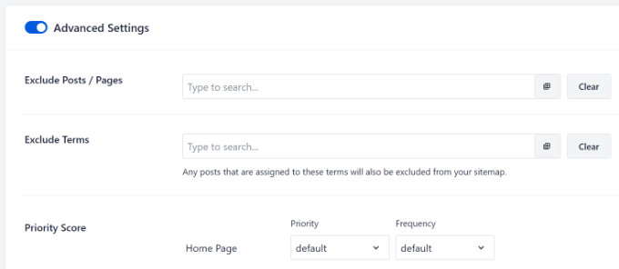 View additional settings in sitemap