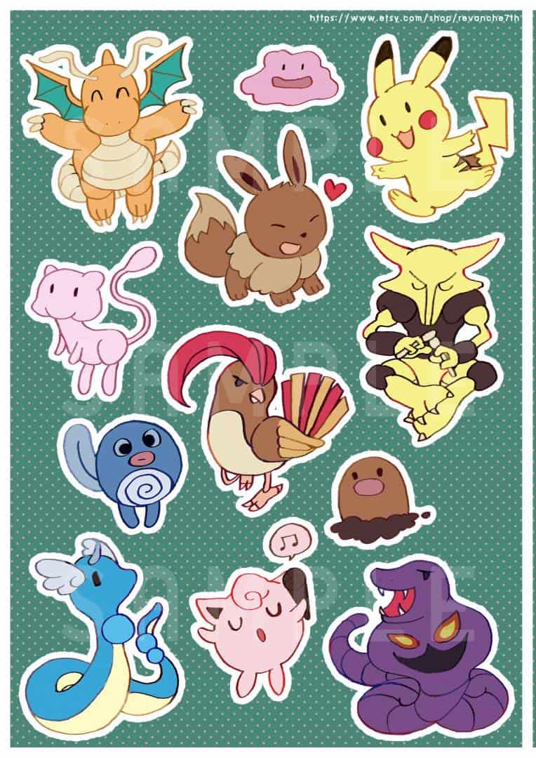 Pokemon 1st Gen Sticker A5 Dragonite ,Eevee ,Pikachu ,Mew ,Ditto ...