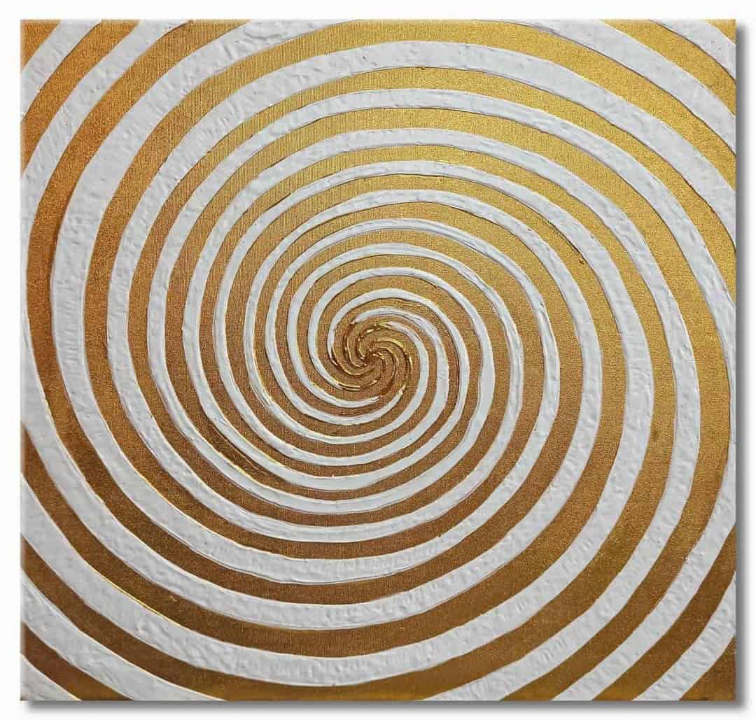 Lignes en spirale peinture acrylique sur toile, cercle or et blanc