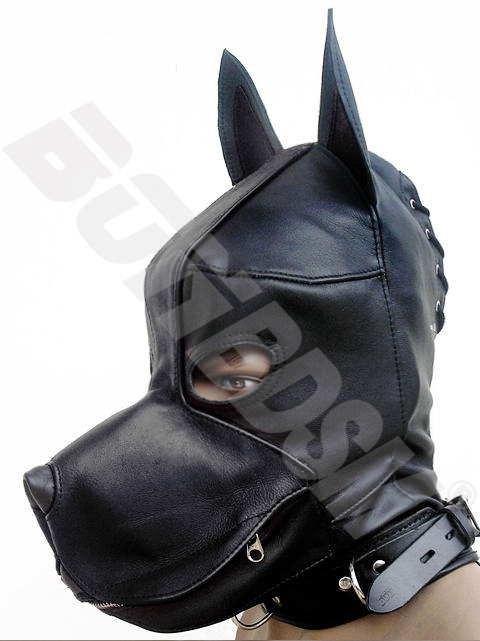 black DOG mask with silicone mouth gag, leather fetish bondage gimp mask hood, Mature - LaFactory