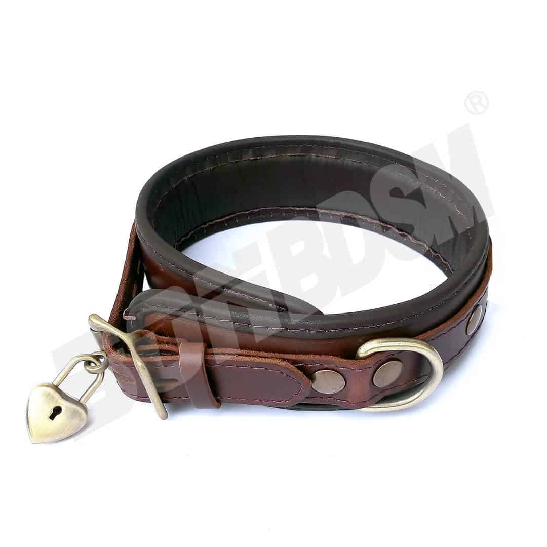 Bondage Restraint Collar w HEART SHAPED PADLOCK, soft padded Brown leather  locking collar, bdsm restraints, fetish slave, Mature - LaFactory