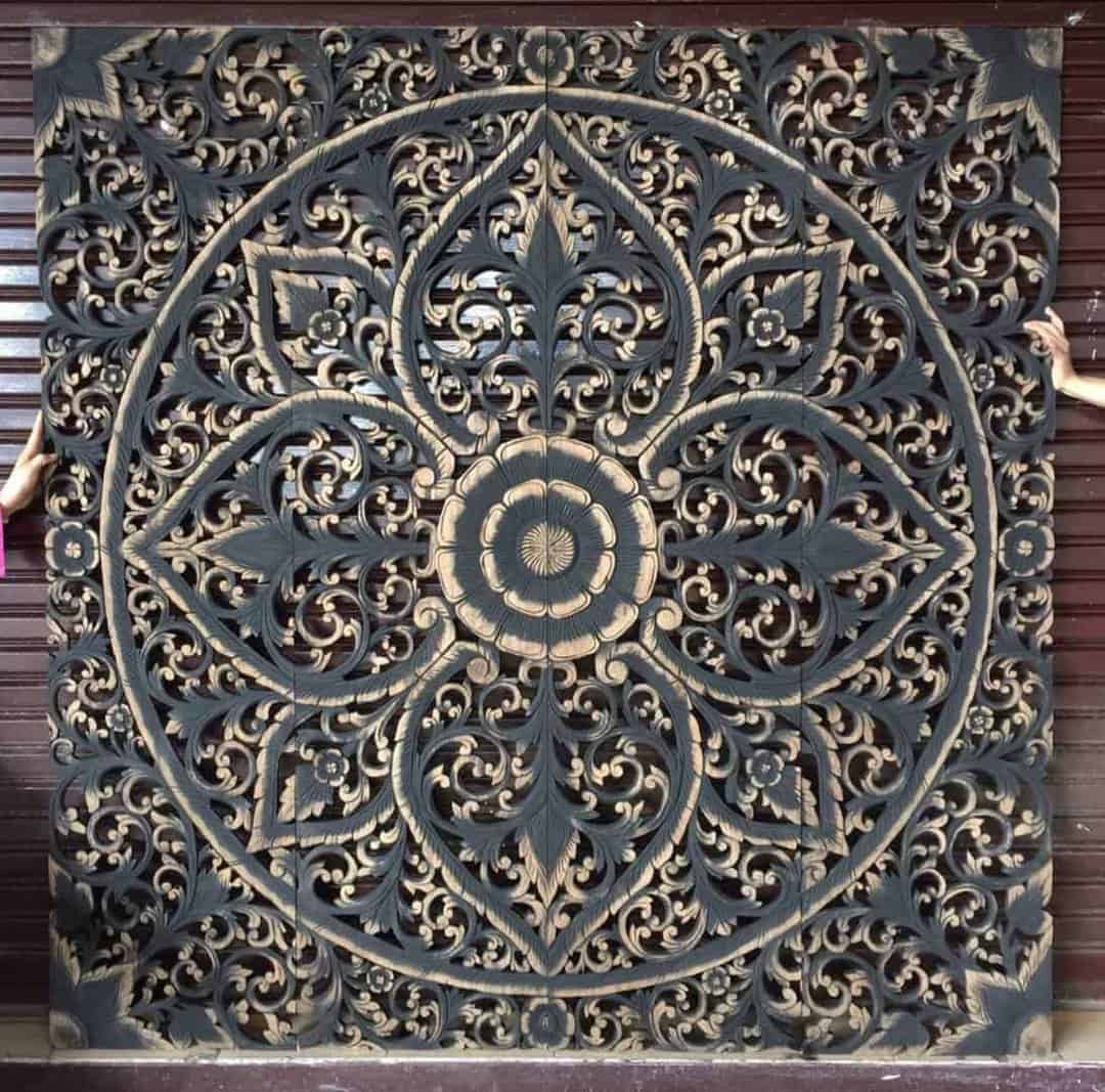 Teak wood carving panel with frame, wall decor, lotus flower pattern  handmade