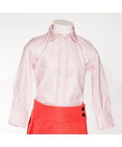 Claudia-pink and black striped blouse with claudine collar and frowns-