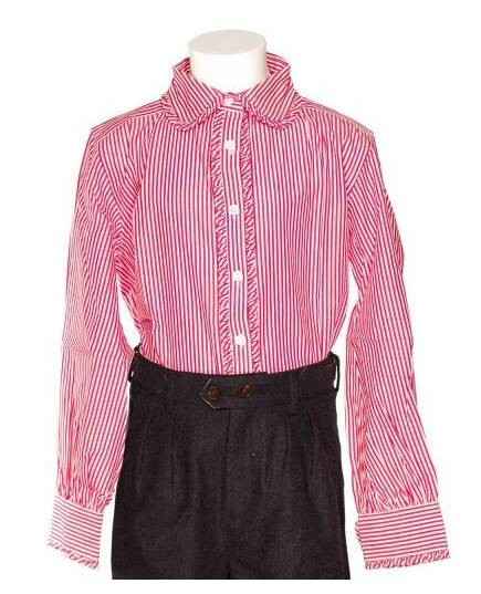 Cassandra-red and white striped blouse with claudine collar and frowns-