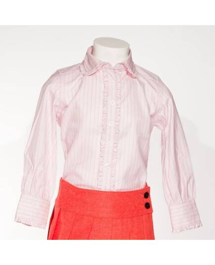 Claudia-pink and black striped blouse with claudine collar and frowns-