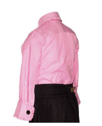 Clemency-pink and white striped blouse with claudine collar and frowns-