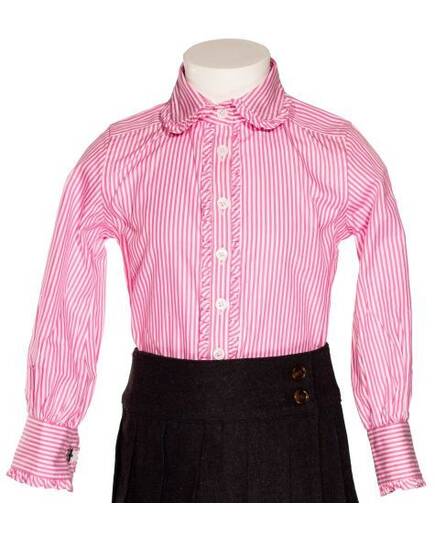 Clemency-pink and white striped blouse with claudine collar and frowns-