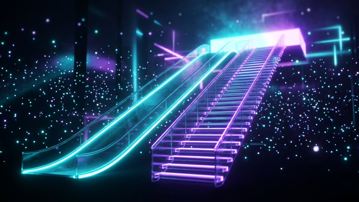 Abstract 3D render: a glass ramp and glass stairs rising to the same lit platform
