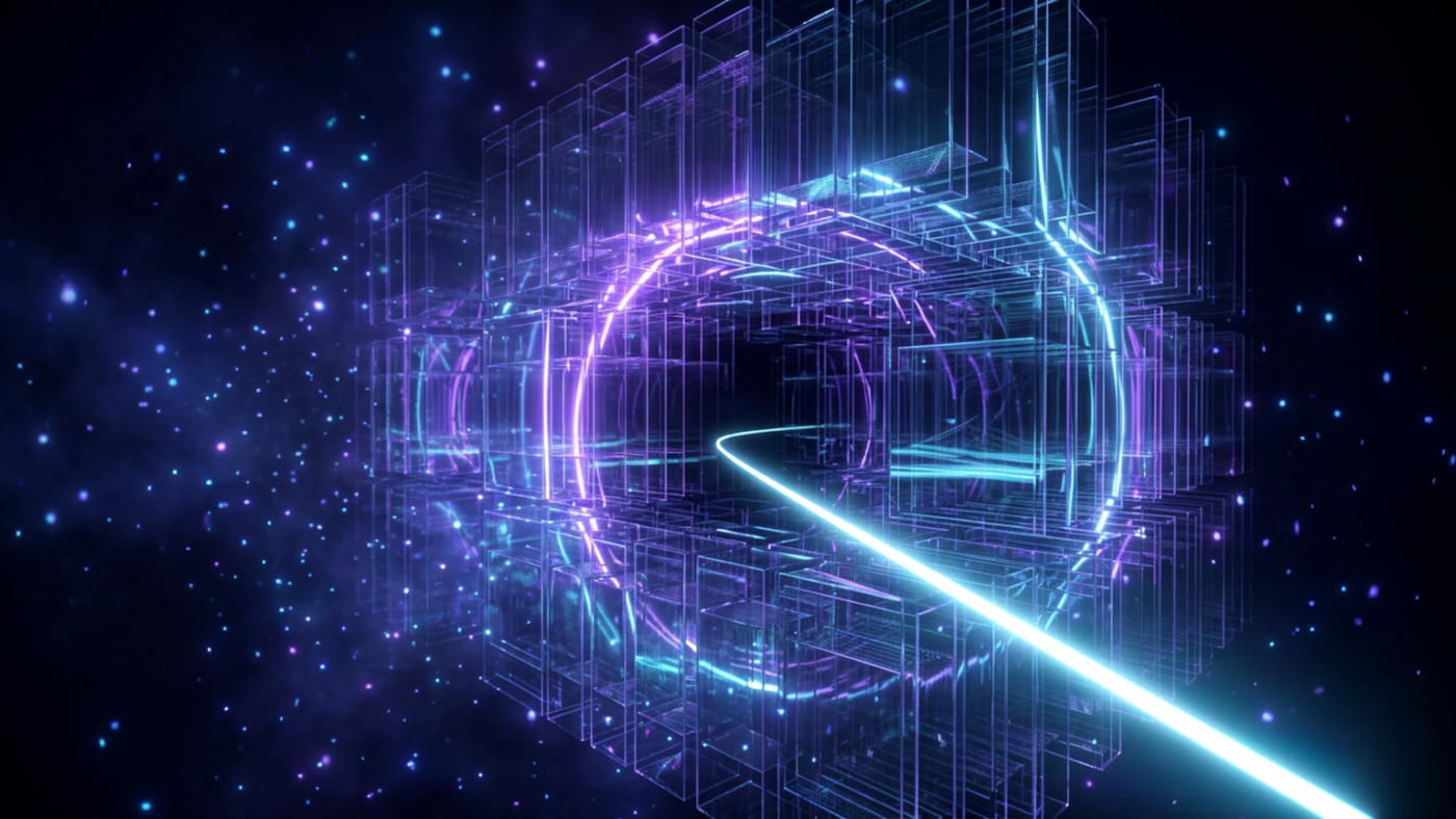 Abstract 3D render: a dense glass archive block with one beam of light tracing a path out of it