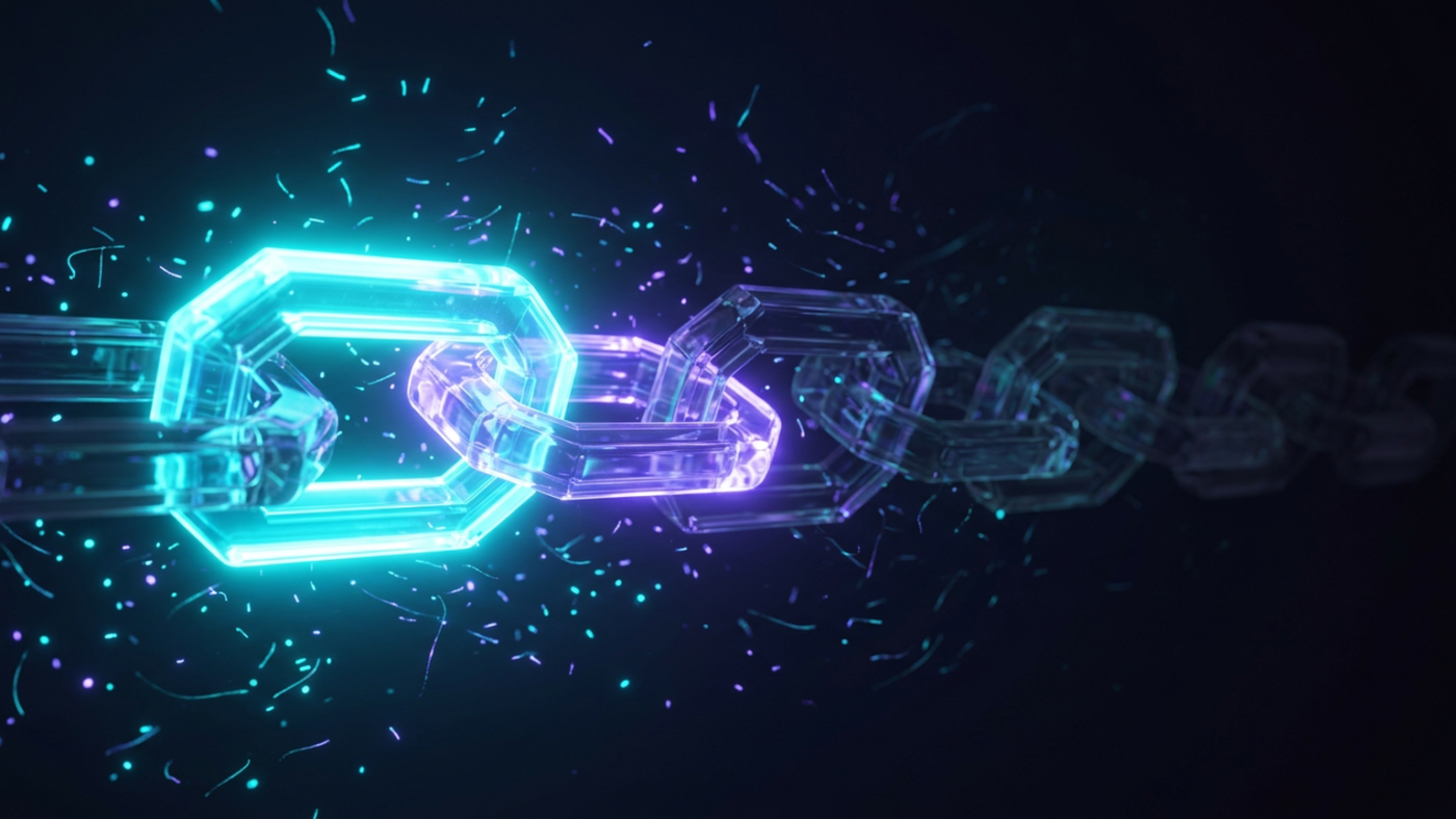 Abstract 3D render: a chain of glass links, the last ones unlit and fading into darkness