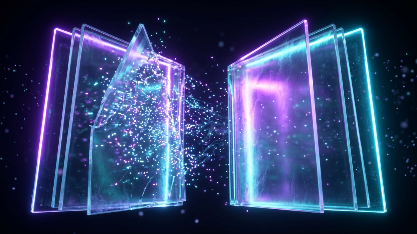 Abstract 3D render: two glass rulebooks facing each other, one page crumbling into light