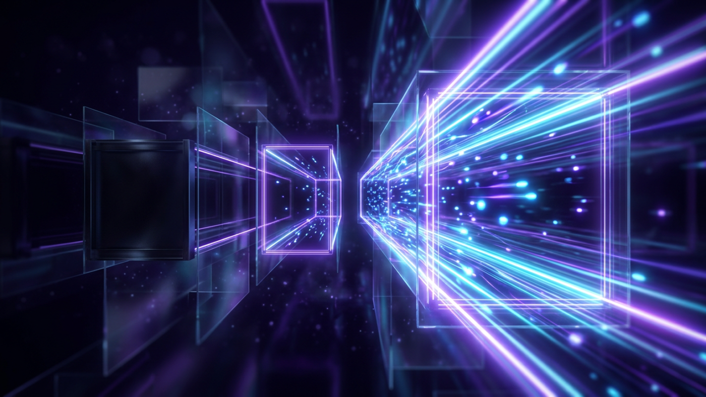 Abstract 3D render: three return channels of light, one wide, one narrow, one sealed