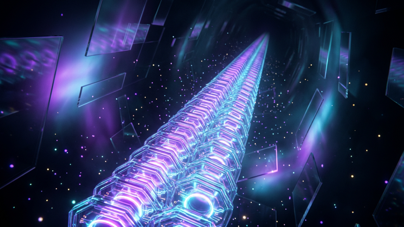 Abstract 3D render: a tall column of identical stacked glowing glass tokens