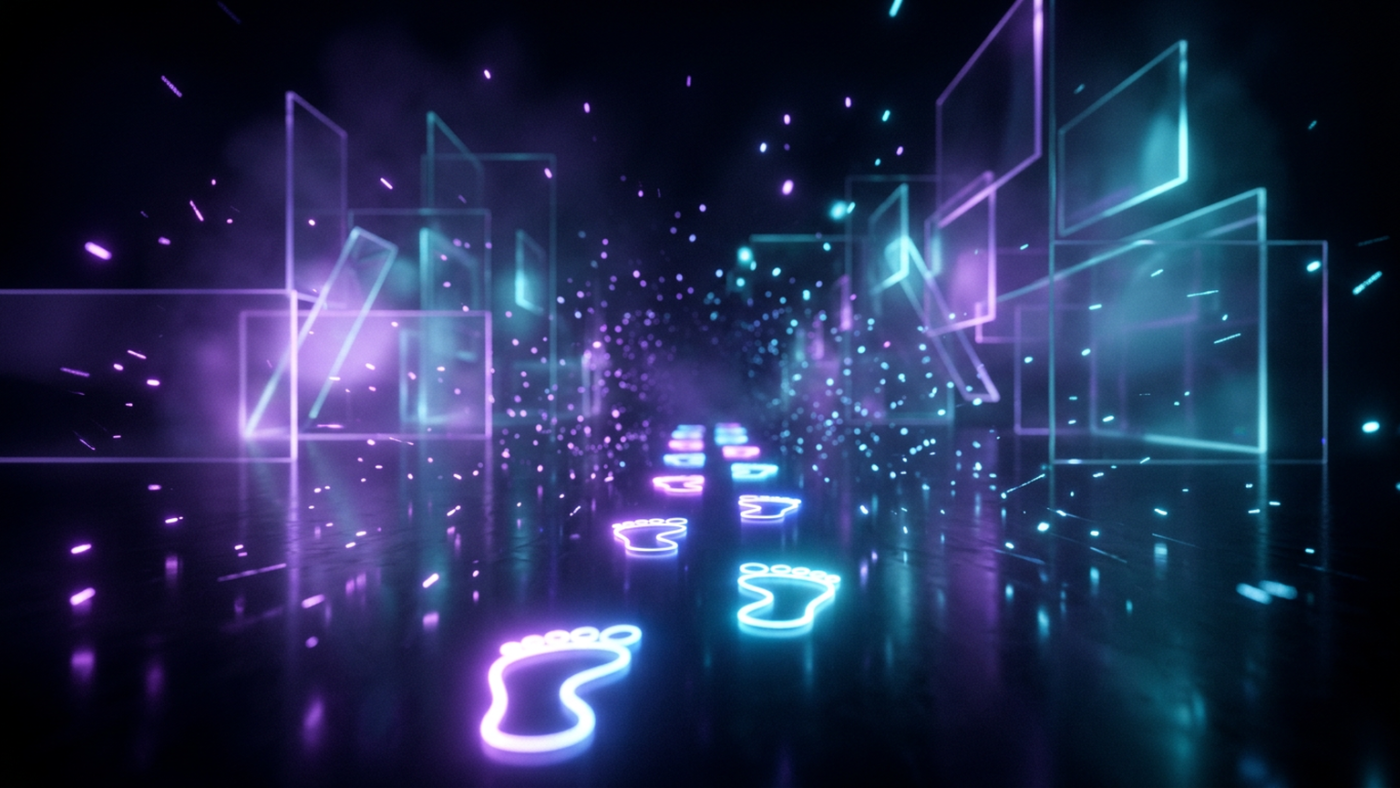 Abstract 3D render: glowing footprints crossing a dark reflective floor with nobody there