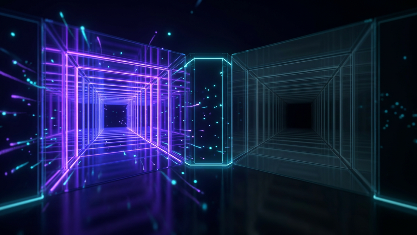 Abstract 3D render: two glass corridors branching from one entrance, one lit, one dark