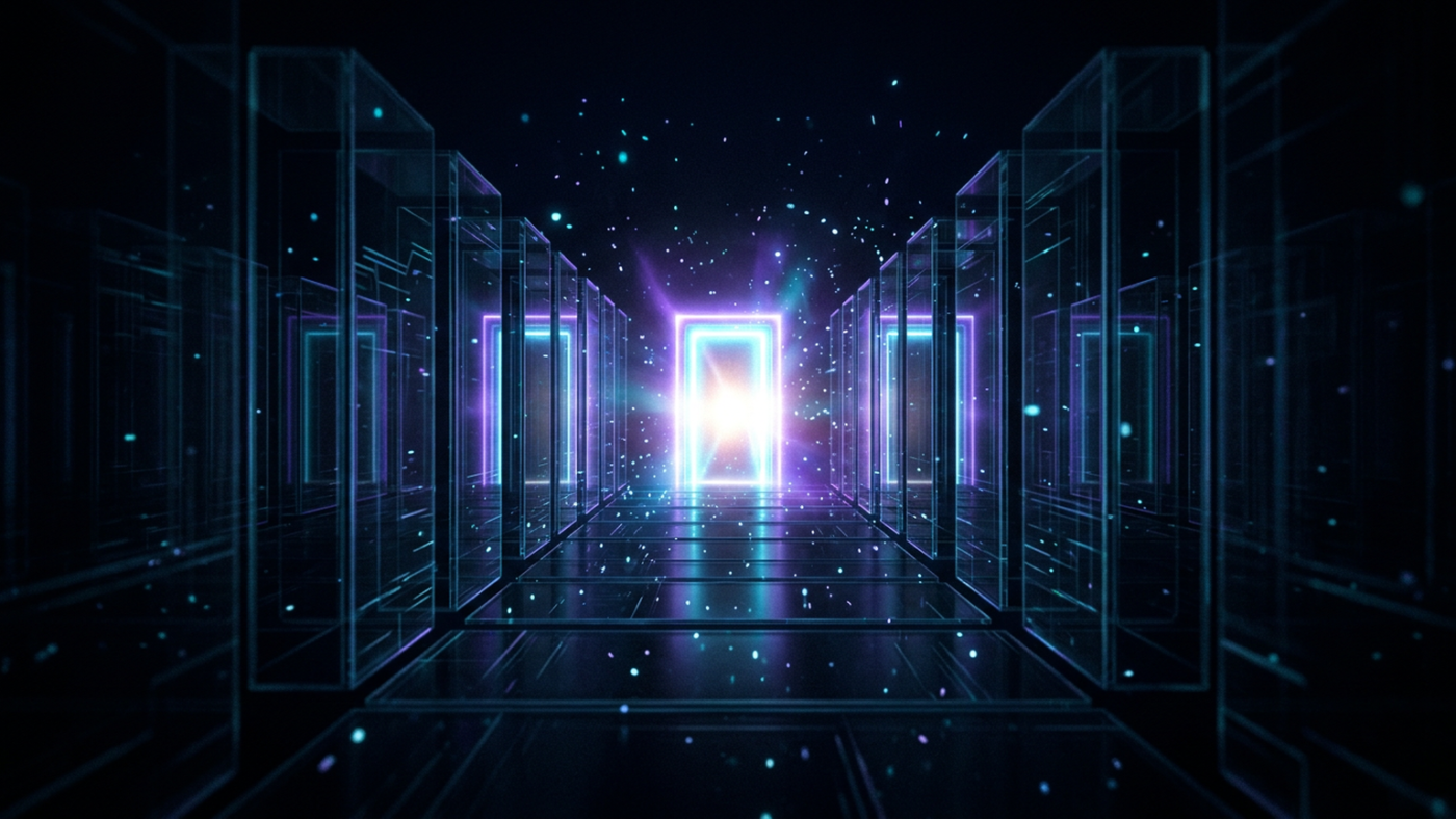 Abstract 3D render: a single lit doorway at the end of a corridor of sealed glass panels