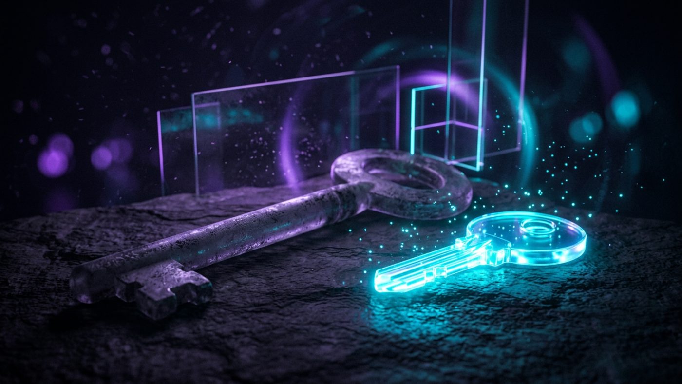 Abstract 3D render: a long weathered glass key beside a small freshly cut luminous one