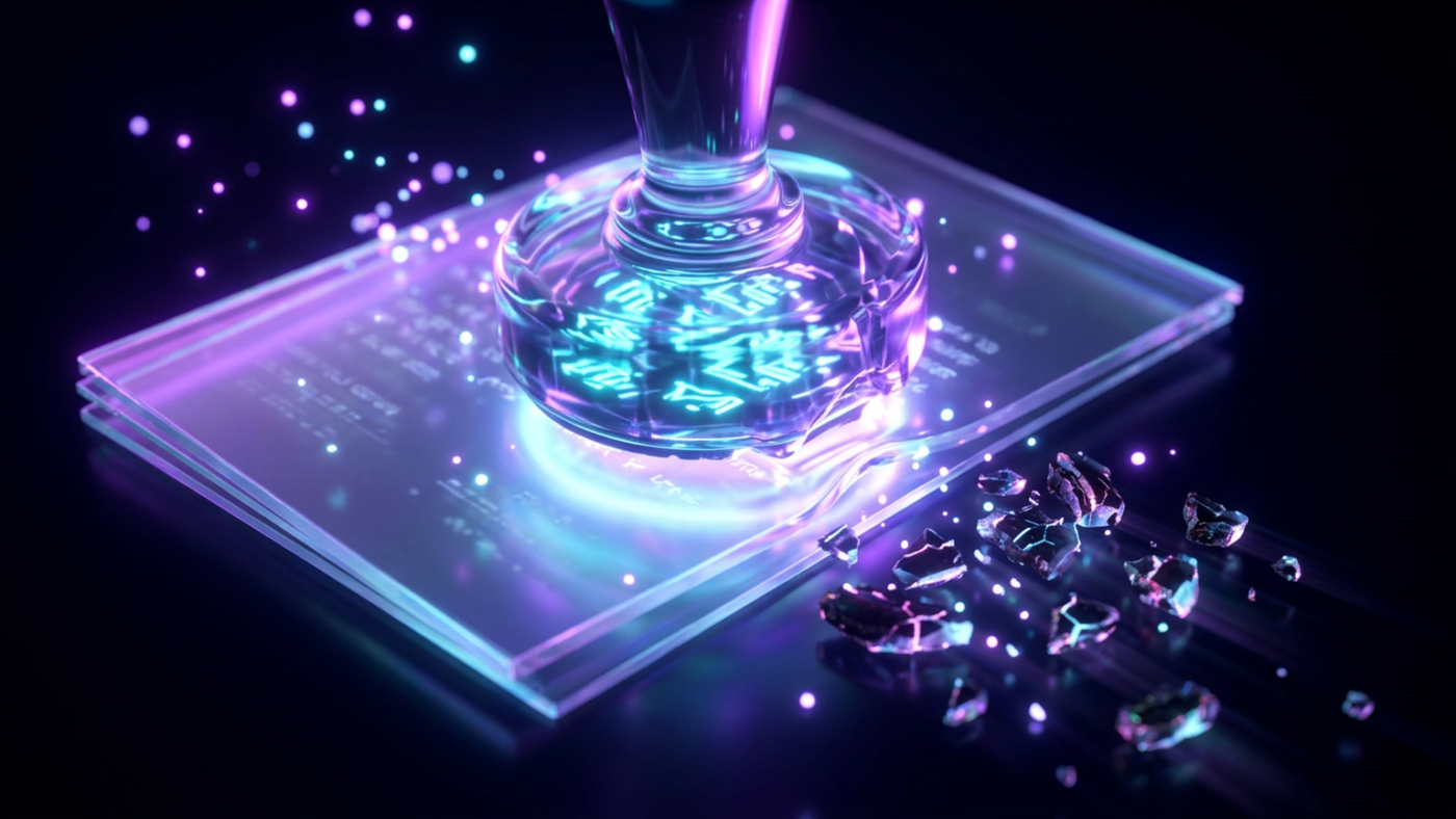 Abstract 3D render: a glowing glass seal pressing onto a document plate, older fragments drifting away