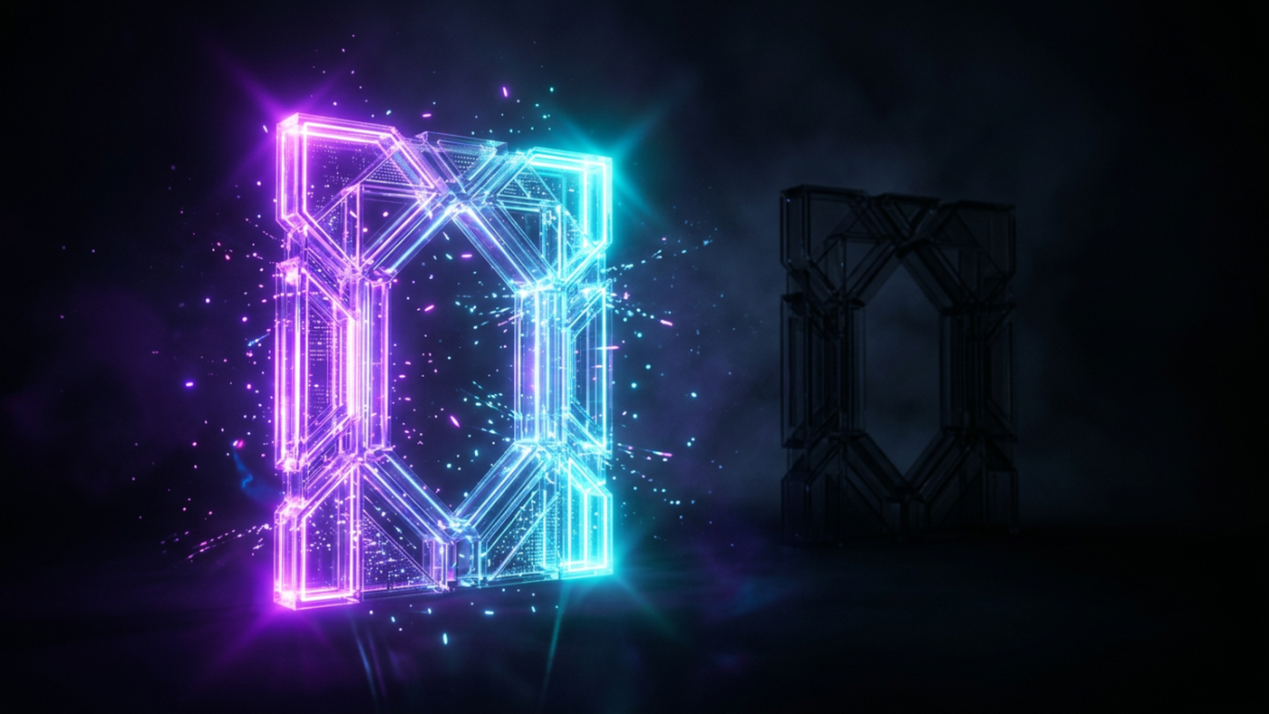 Abstract 3D render: one lit glass gate and a second identical gate behind it, unlit