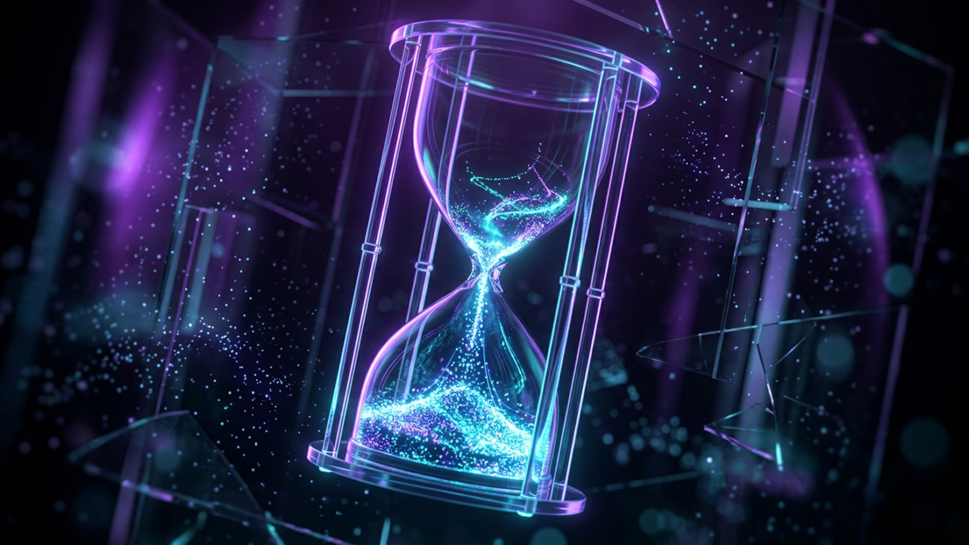 Abstract 3D render: a glass hourglass whose falling sand is luminous particles