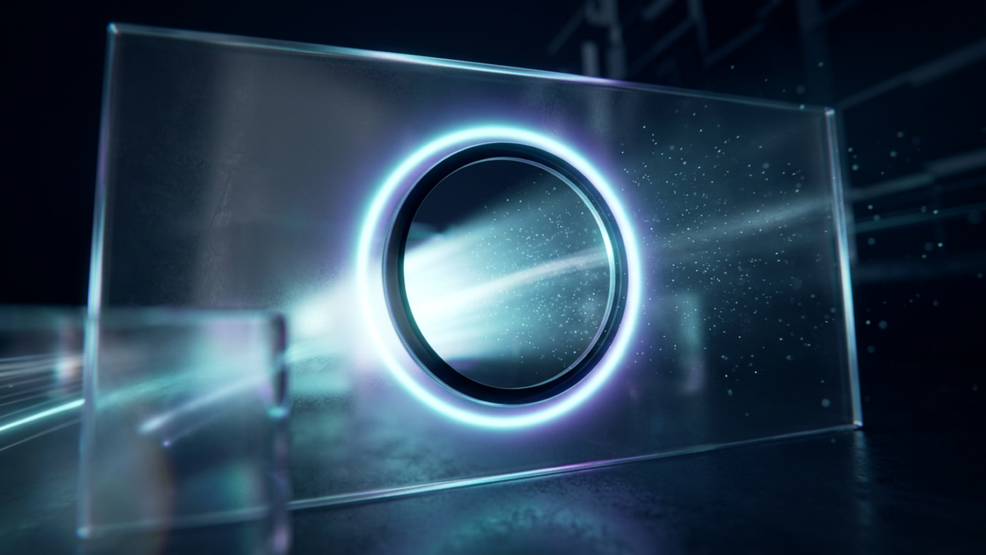 Abstract 3D render: a glass membrane pierced by a single authorised aperture of light