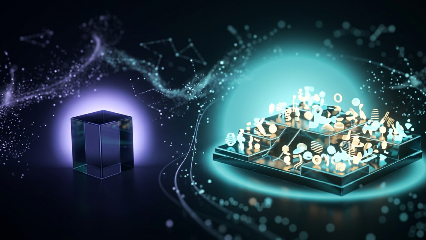 Abstract 3D render: an empty cold glass pedestal beside a crowded luminous platform