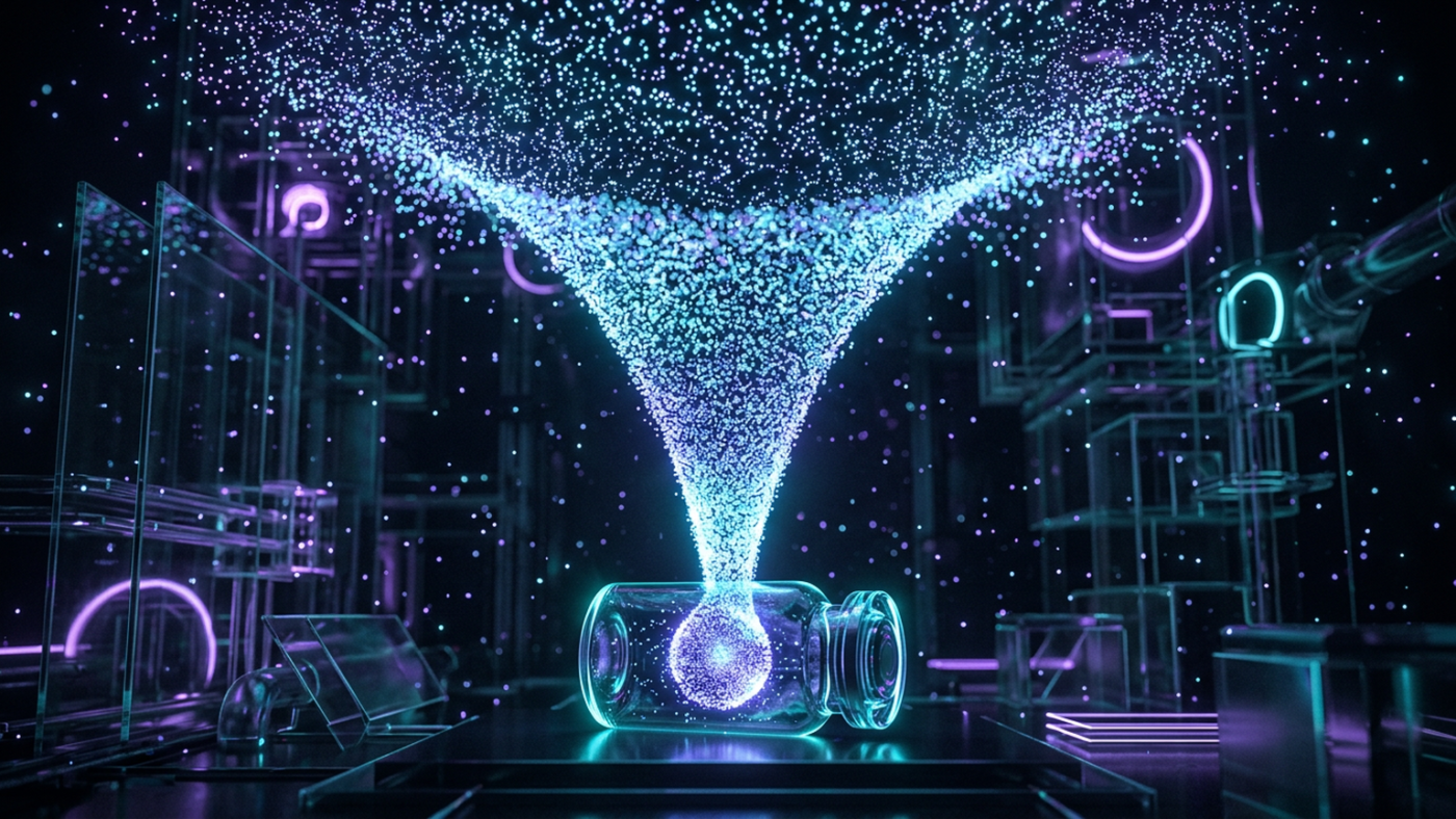 Abstract 3D render: a swarm of tiny light points funnelled into one small sealed glass container