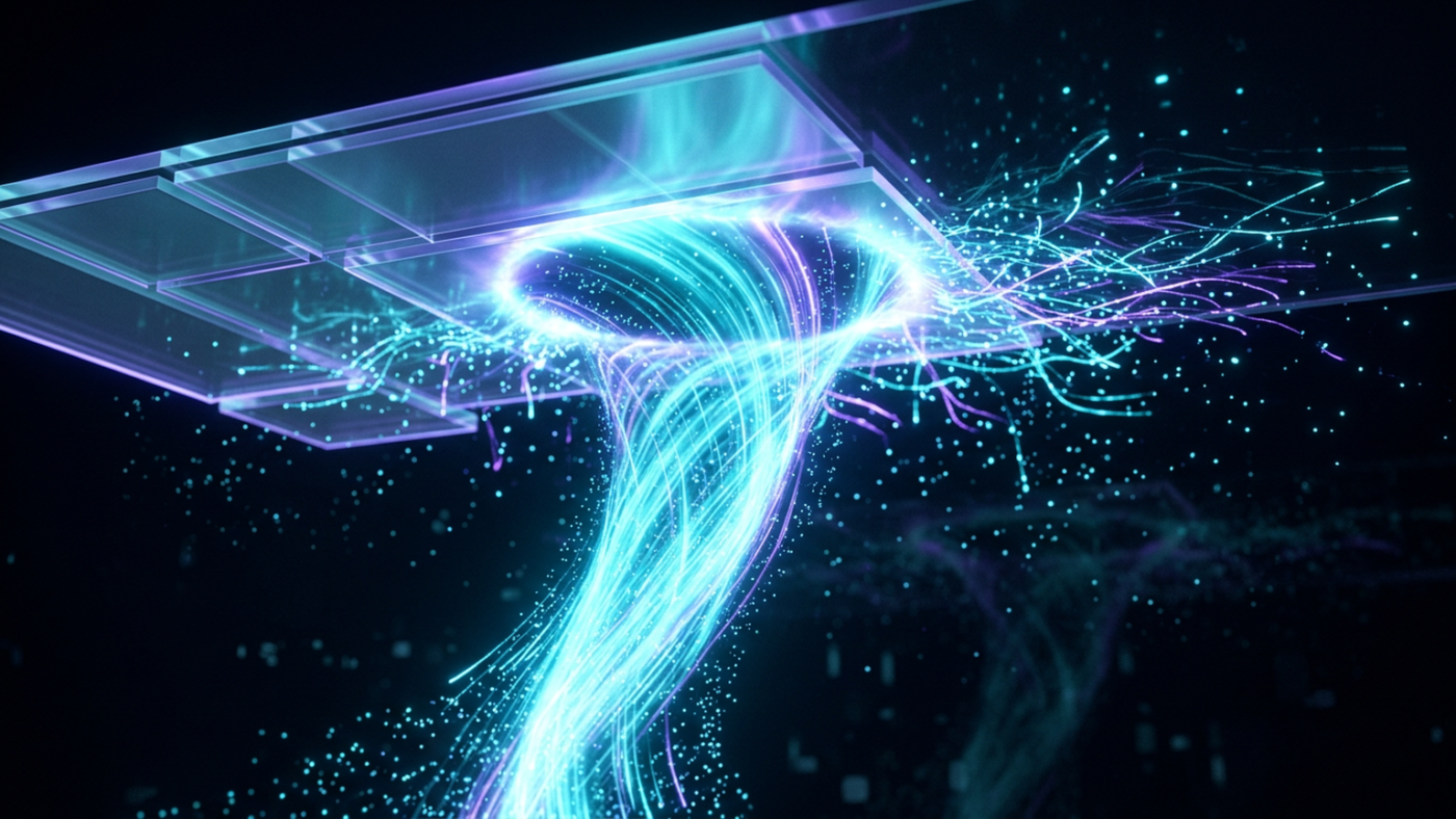 Abstract 3D render: an upward funnel of light striking a hard glass ceiling, particles spilling