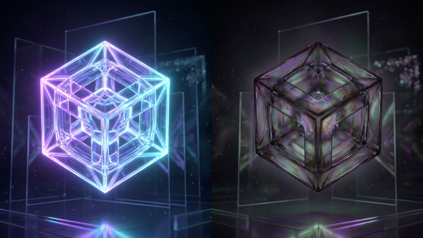 Abstract 3D render: the same glass object rendered twice, one crisp, the other badly inverted