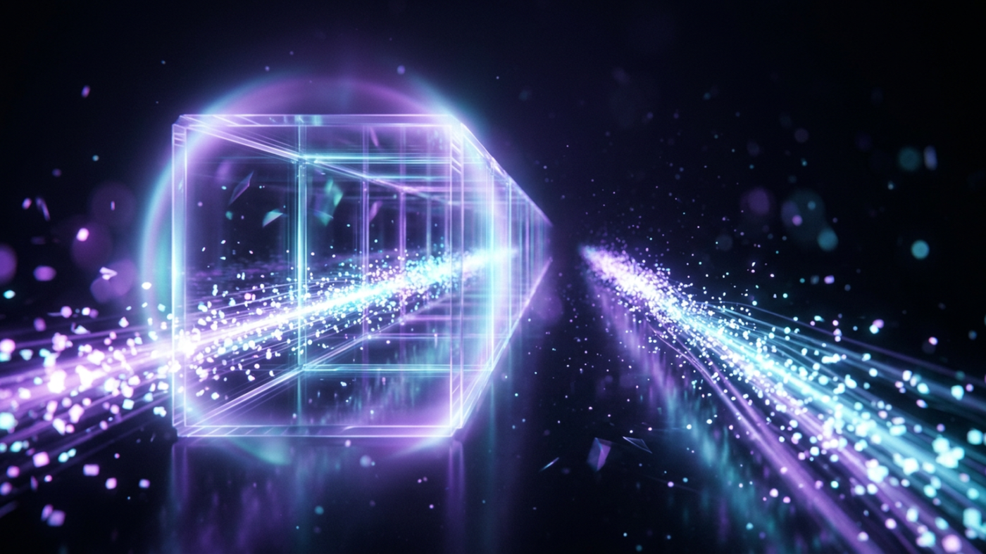 Abstract 3D render: a glass tunnel enclosing one stream of particles, another travelling exposed