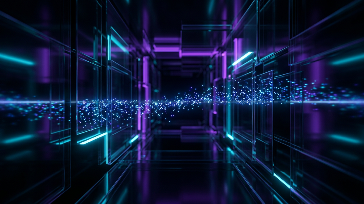 Abstract 3D render: an almost invisible line of light across a dark corridor, particles caught on it