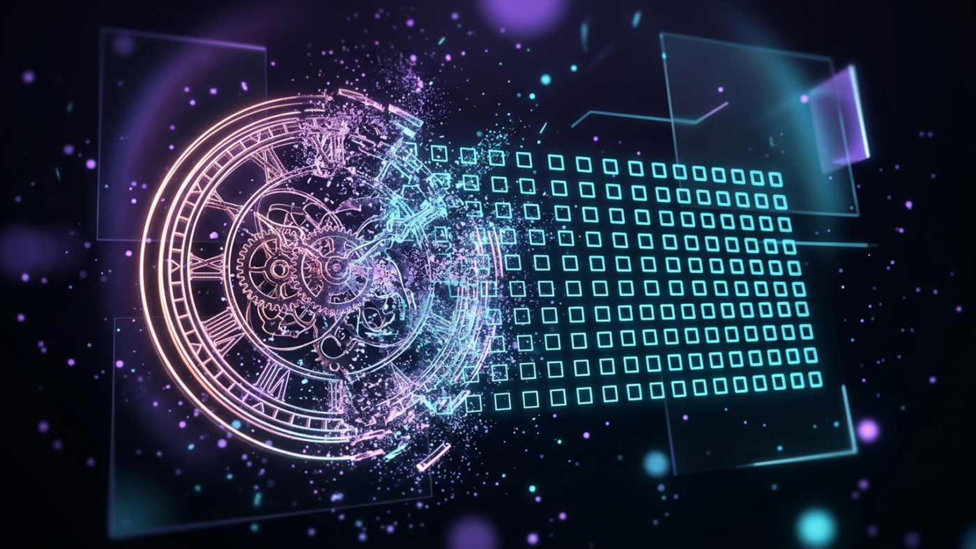 Abstract 3D render: a circular gauge dial dissolving into particles before a grid of lit checkboxes
