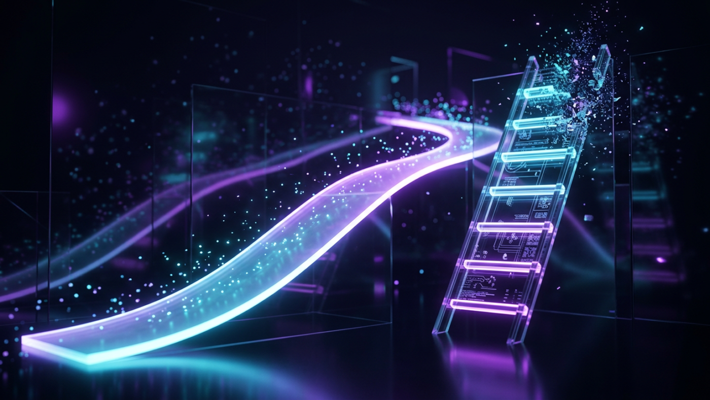Abstract 3D render: an unmarked luminous ramp rising beside a ladder dissolving into dust