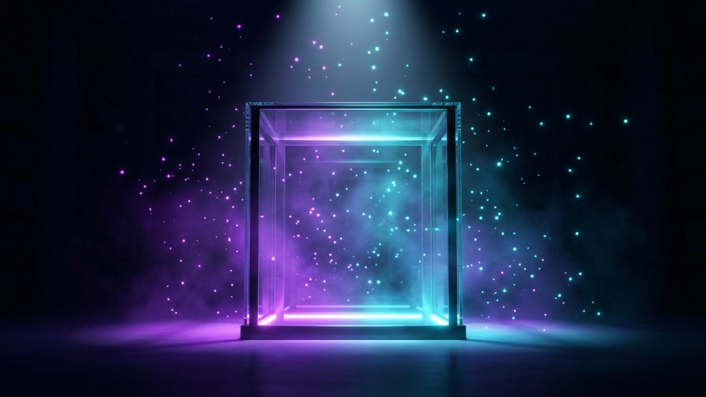 Abstract 3D render: an empty glass evidence case under a single harsh spotlight