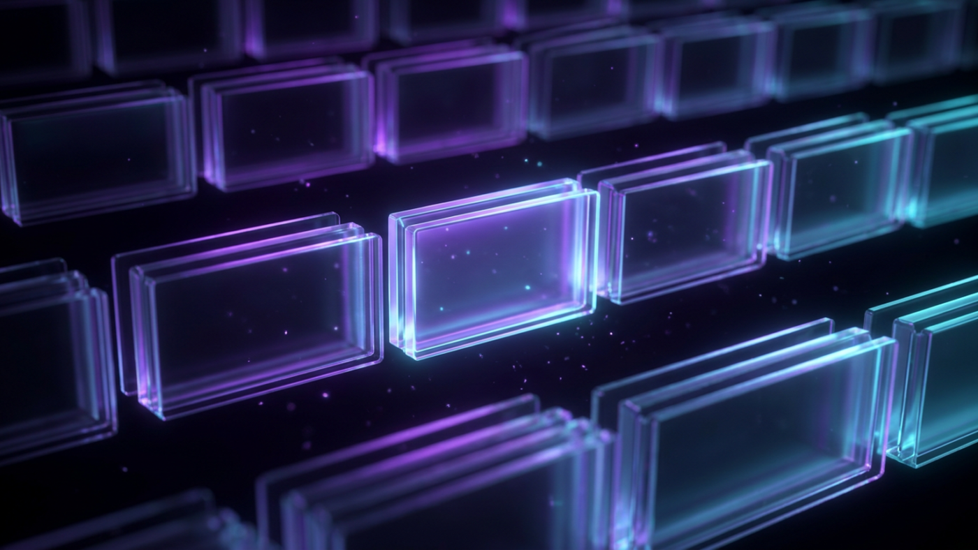 Abstract 3D render: a slightly brighter glass panel slotted between rows of identical message panels