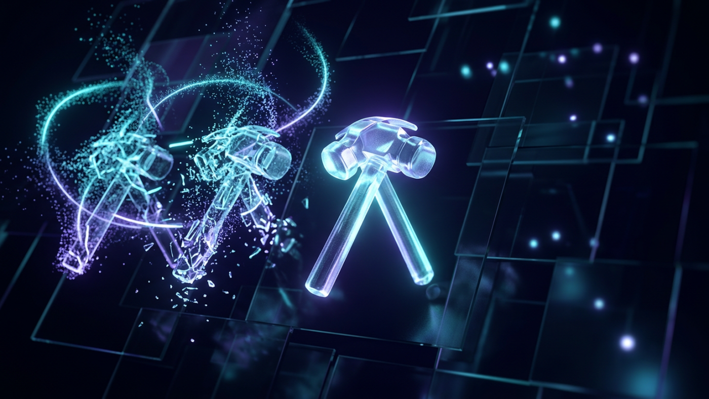 Abstract 3D render: three suspended glass hammers, two dissolving, the third intact