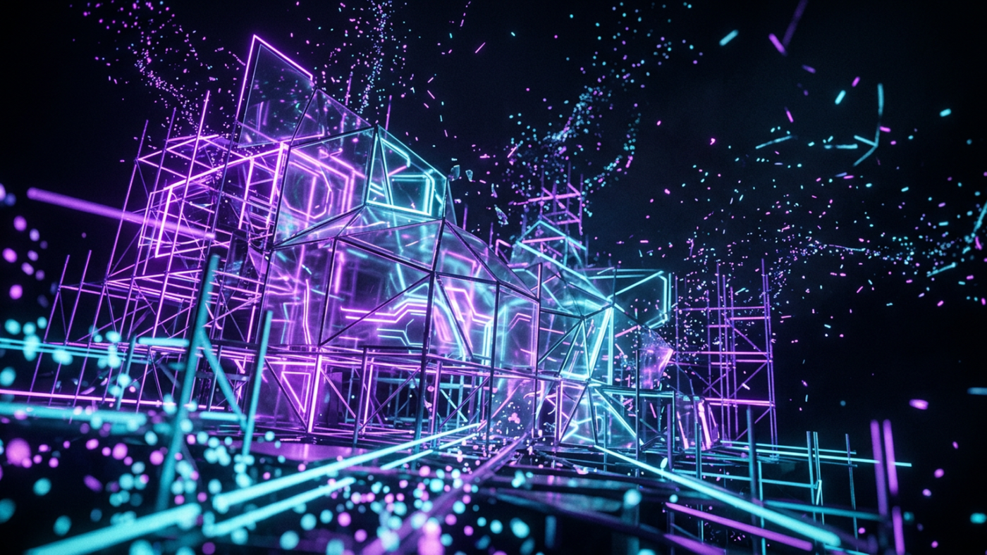 Abstract 3D render: an unfinished glass structure whose scaffolding dissolves into particles