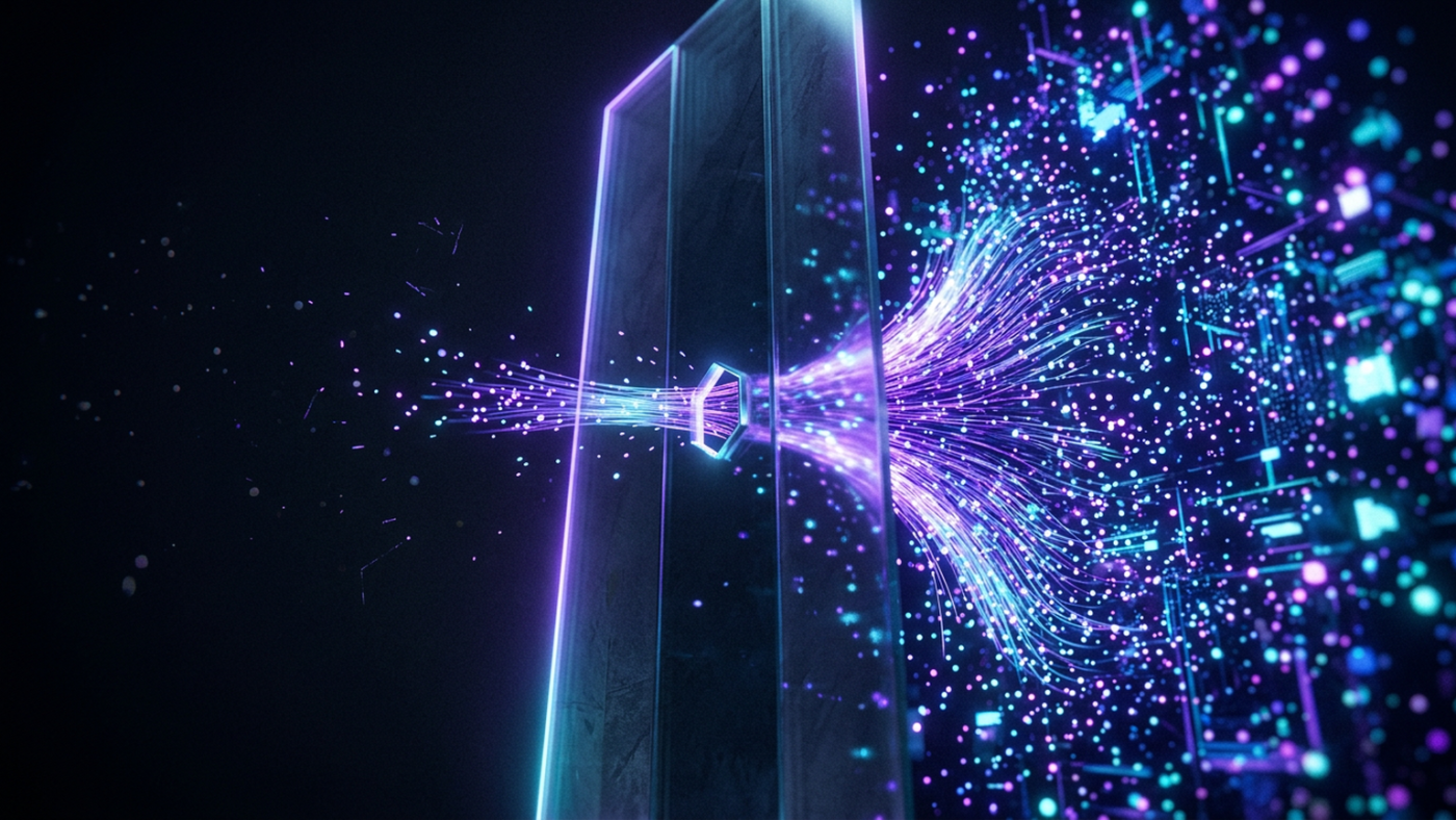 Abstract 3D render: glowing particles funnelling through a narrow aperture in a glass wall