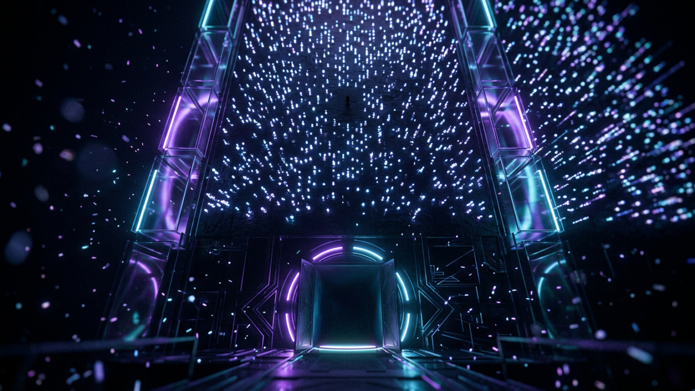 Abstract 3D render: a dark wall of countless tiny lights, one being quietly extinguished
