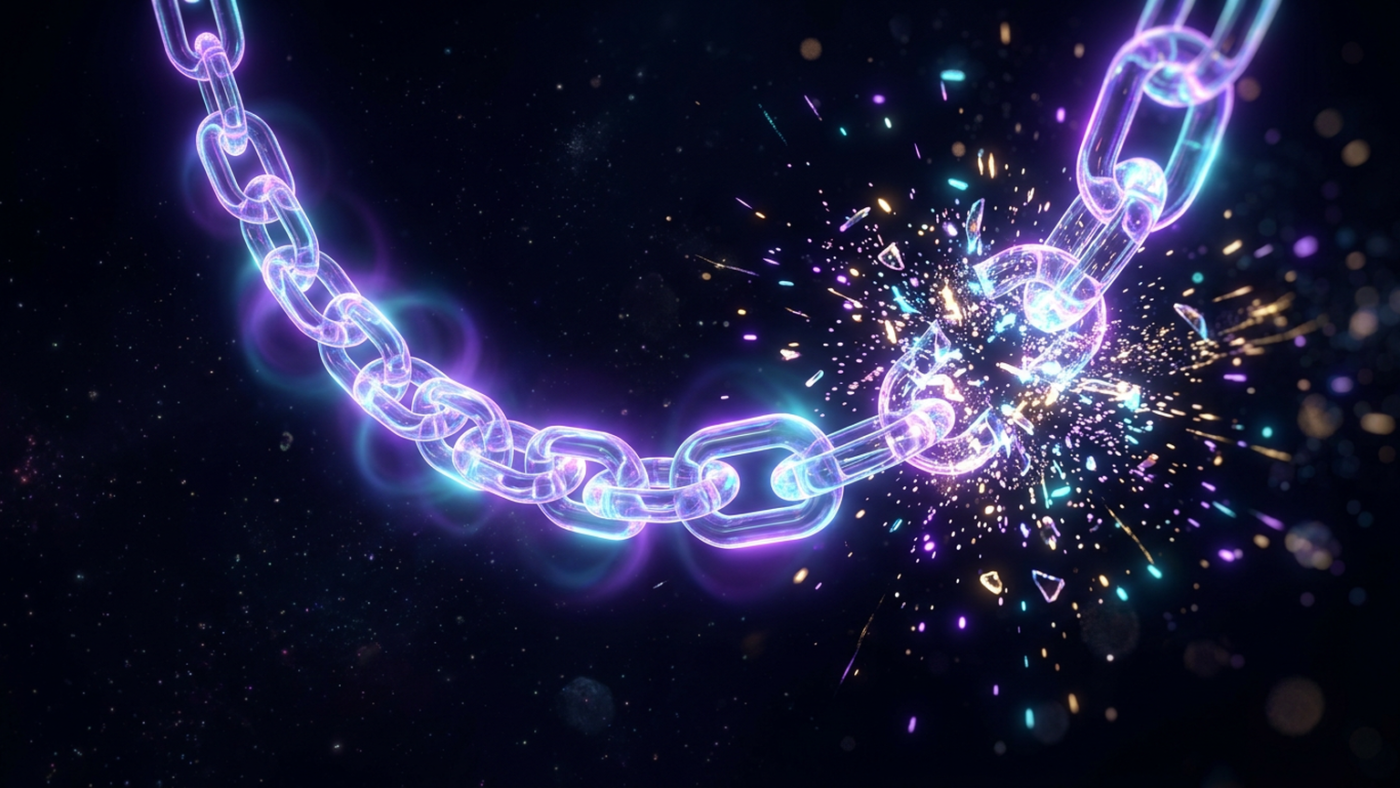 Abstract 3D render: a chain of ten glowing glass links, the eleventh bursting into particles