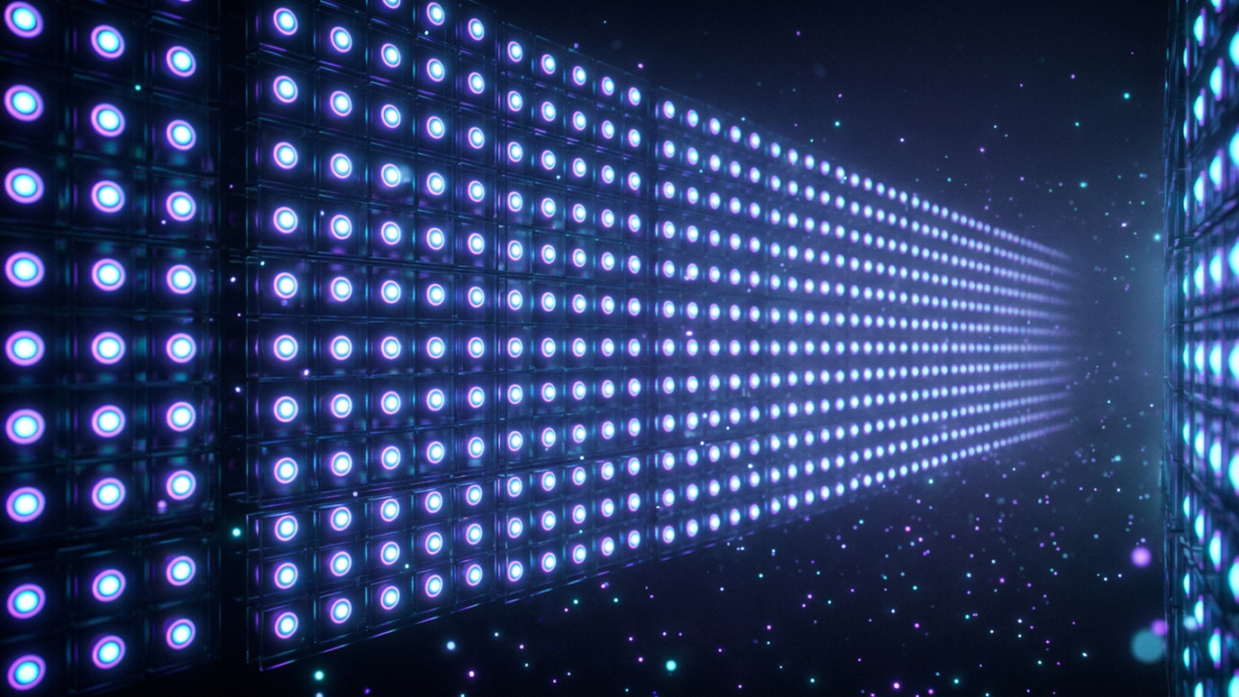 Abstract 3D render: a wall of identical indicator lights all switched on at once