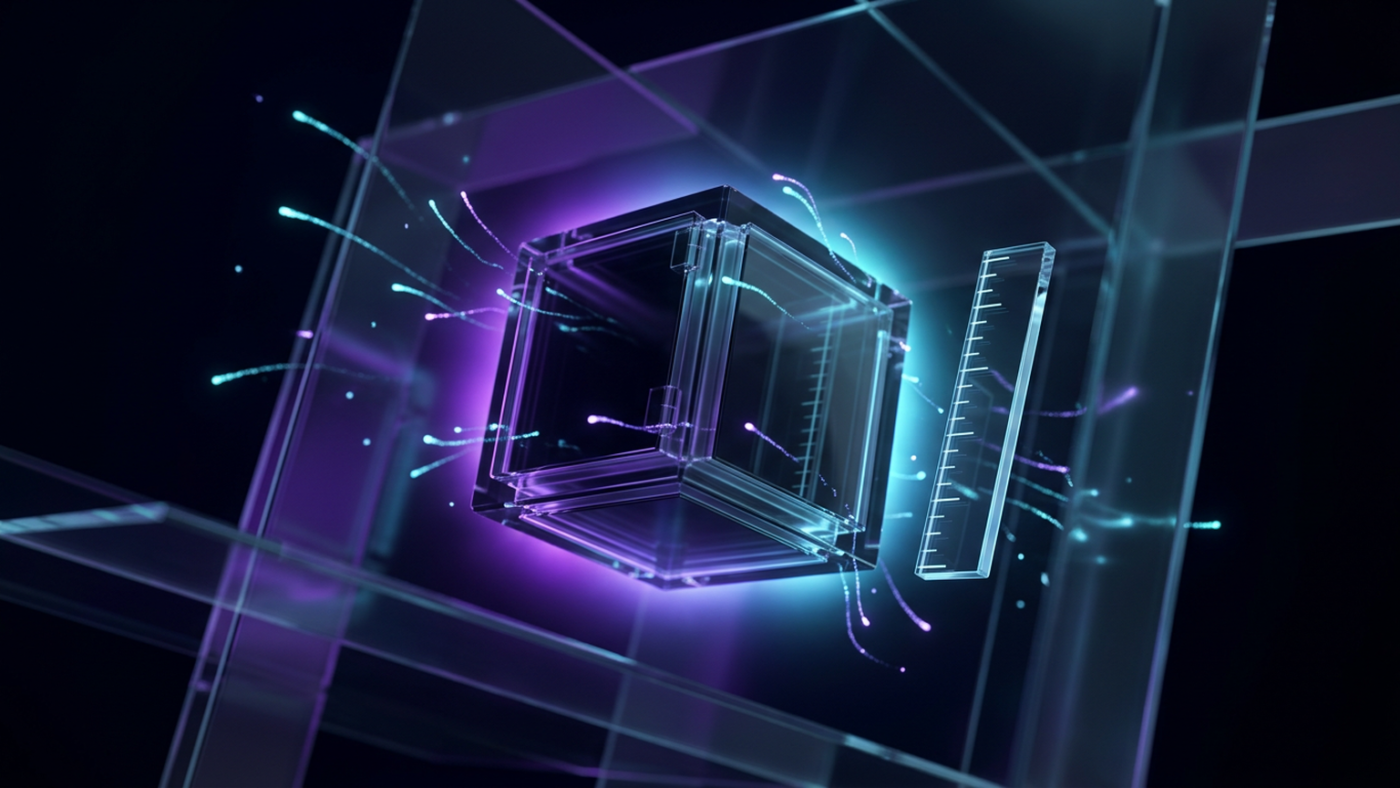Abstract 3D render: a sealed opaque glass vault beside a blank unmarked measuring scale