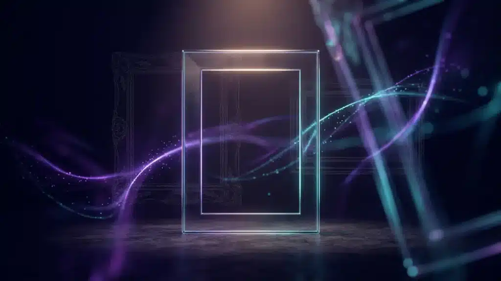 An empty glass frame alone on a dark stage, with older frames fading in the background