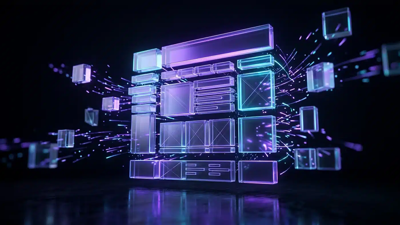 Translucent glass blocks assembling into the outline of a page layout