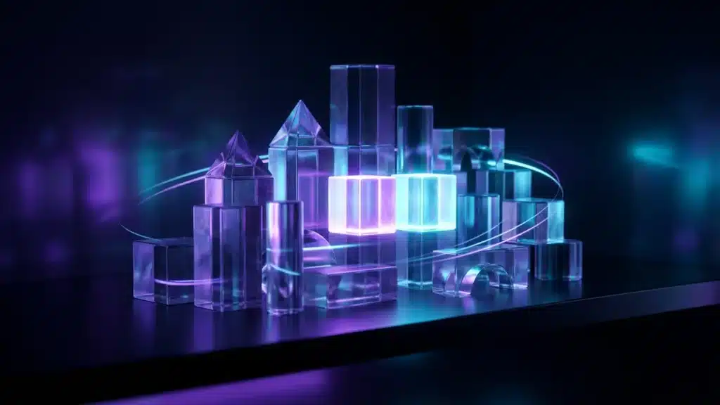 Glass blocks of many shapes arranged on a dark shelf, some glowing brighter than others