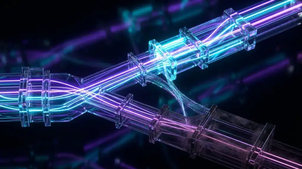 A glass structure splitting in two, one older and dimmer, one newer and brighter