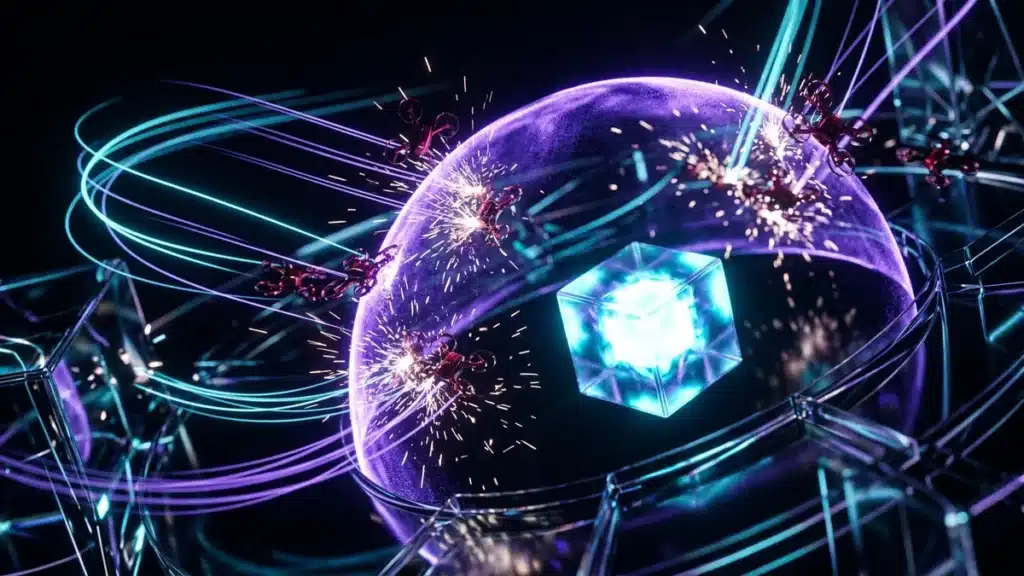 A swarm of small red drones bouncing off a violet energy barrier that protects a glowing cube