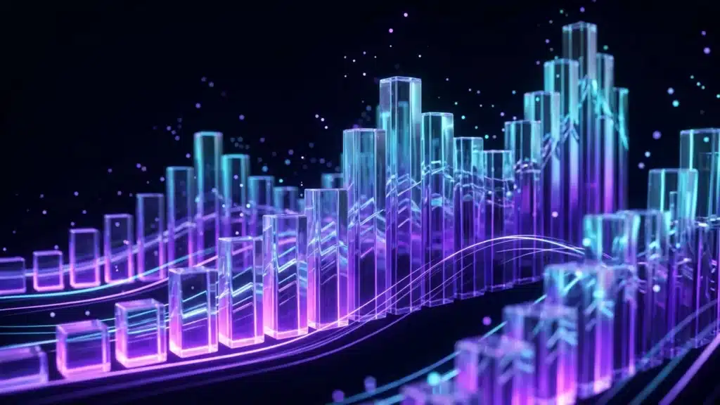 Glowing glass bars of different heights, like an abstract chart, on a black background